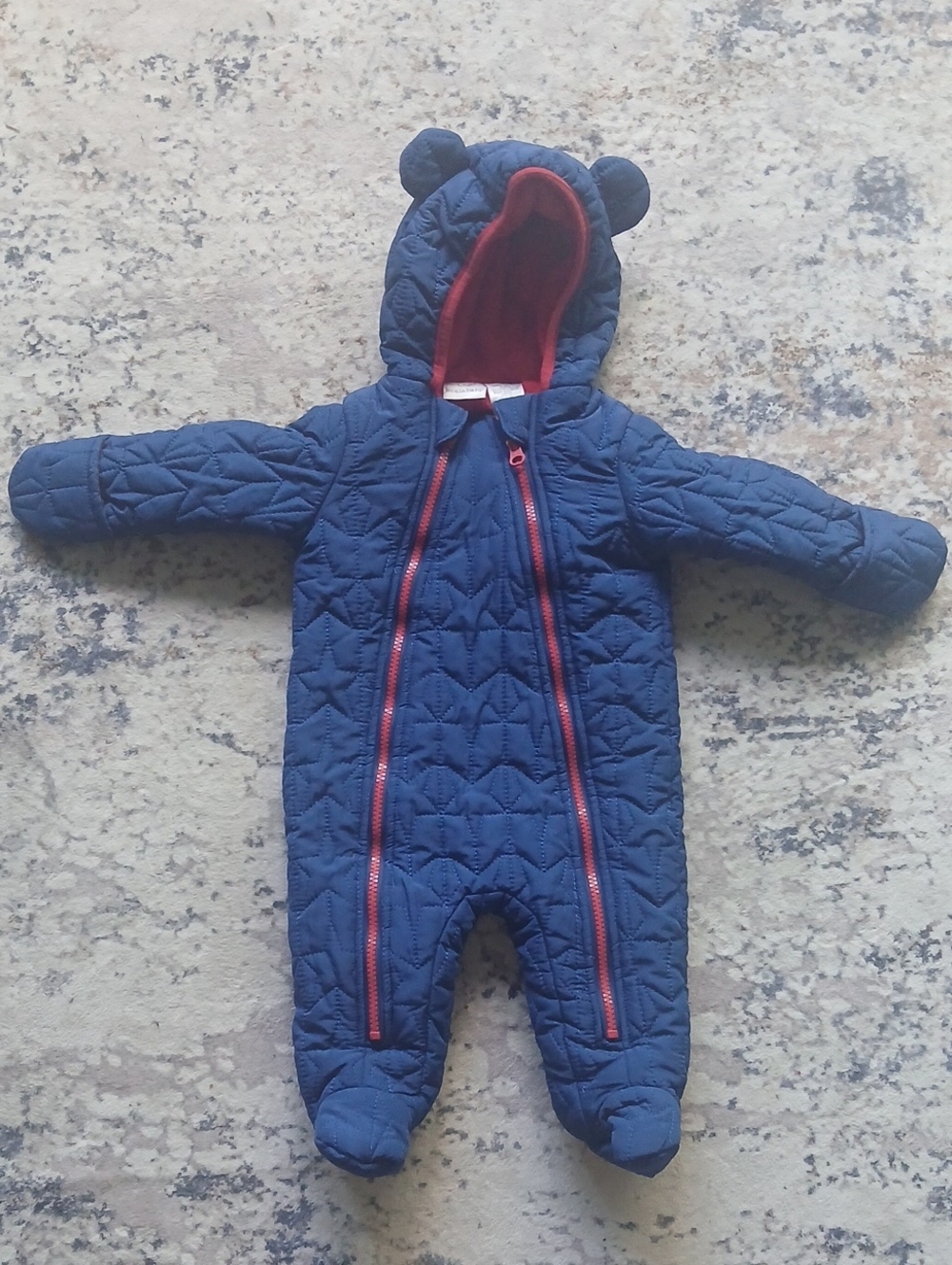 Quilted Navy Baby One-Piece Footie with Red Trim and Hood Ears